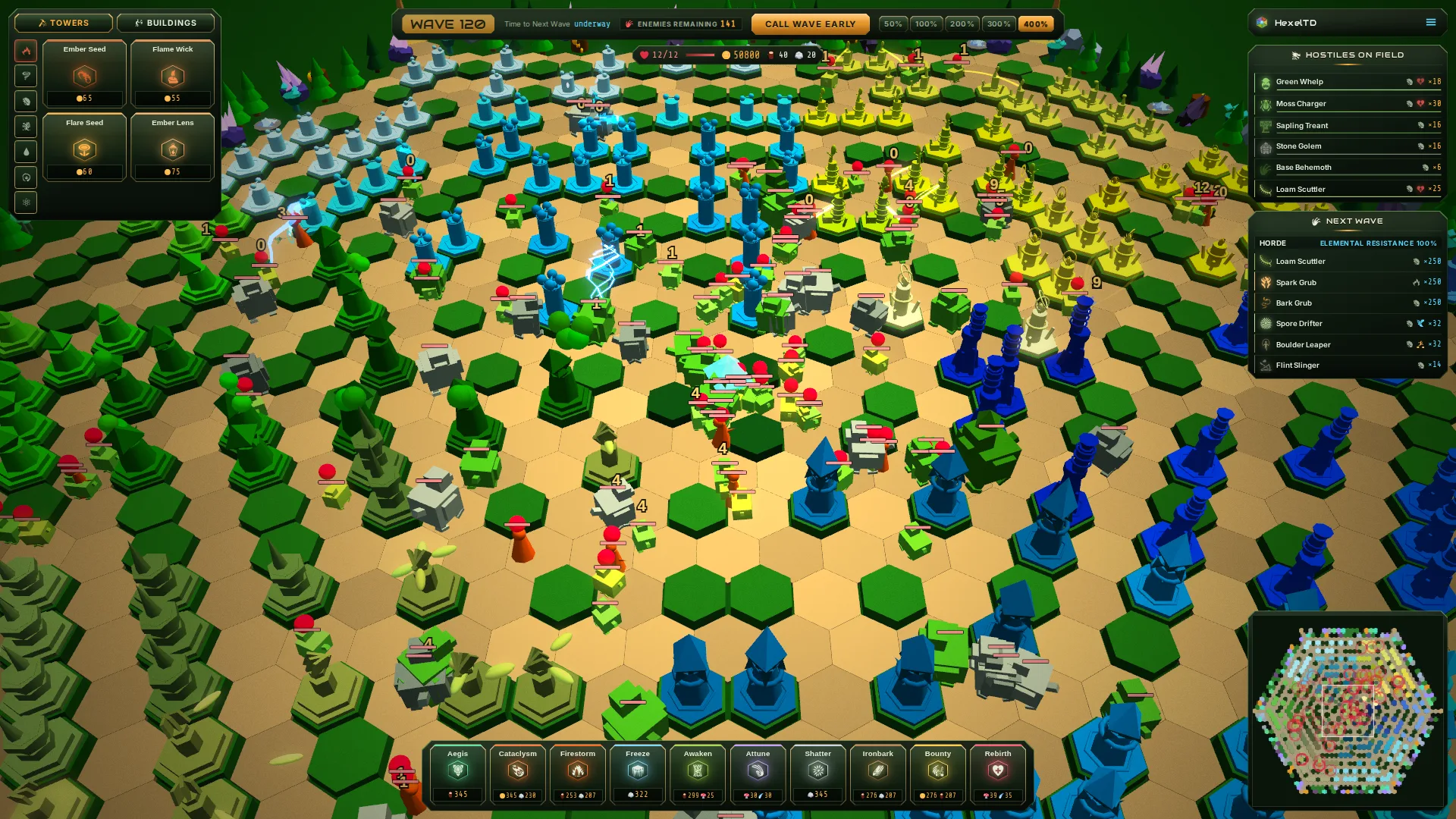 A wave in progress across the whole ring maze, with the build menu on the left, the hostiles list on the right and the minimap in the corner