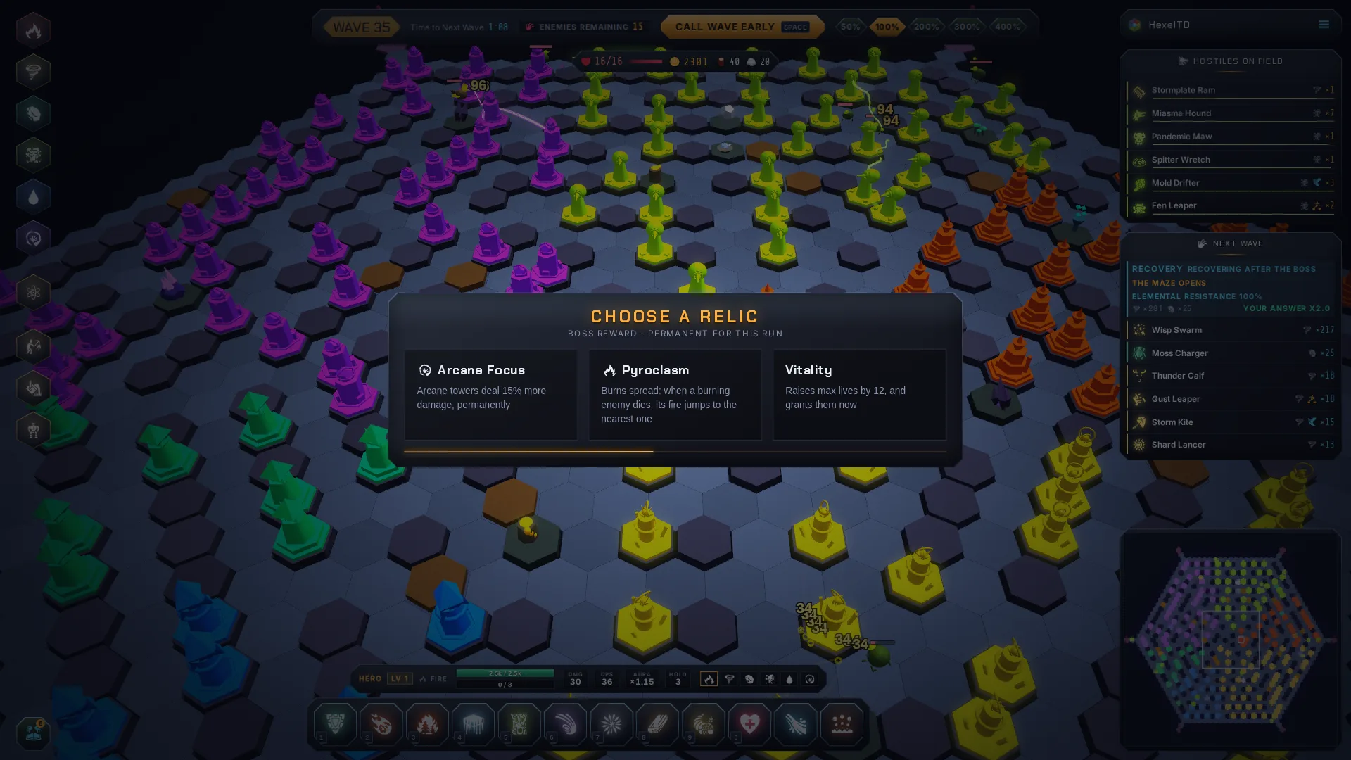 Wave 35 boss reward: the relic chooser open over the board, offering Arcane Focus, Pyroclasm and Vitality