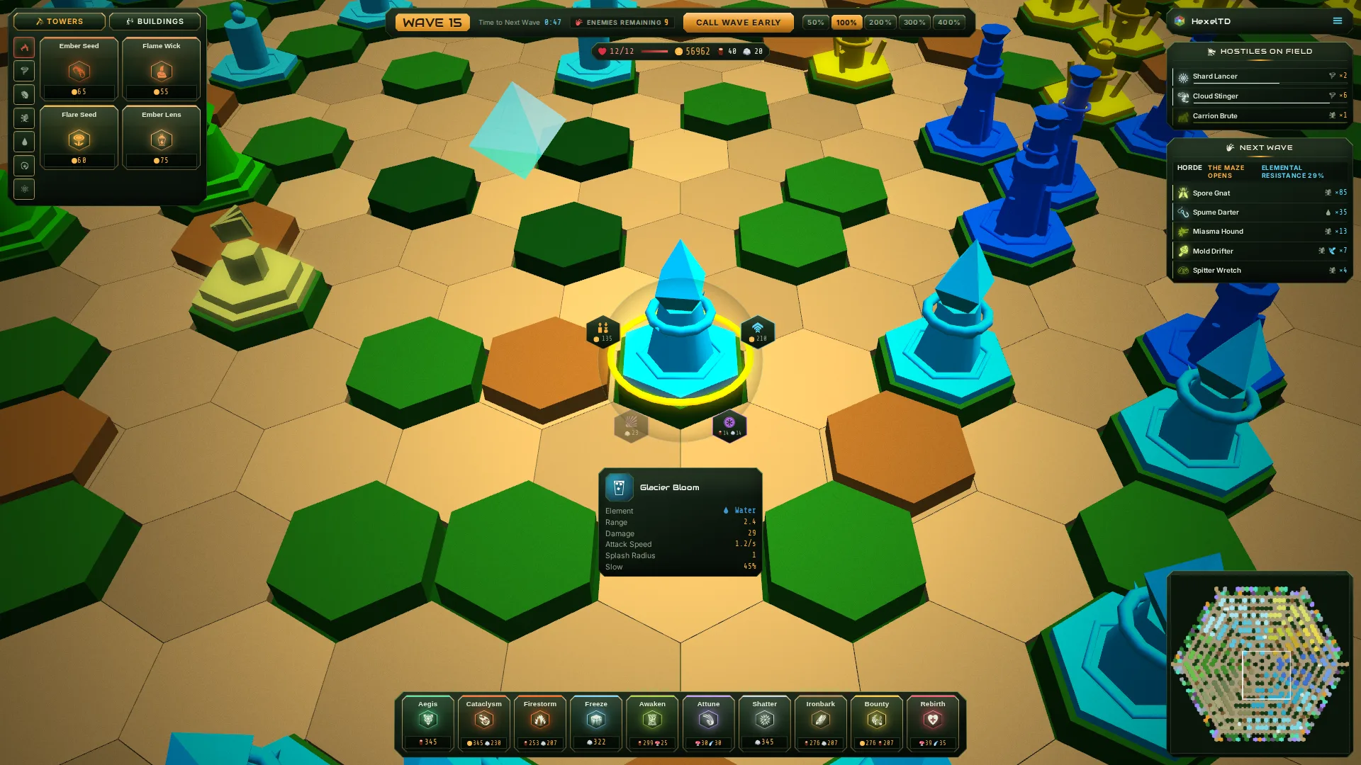 A selected tier-4 tower with a ring of actions around it and its readout underneath: element, range, damage, attack speed and splash radius