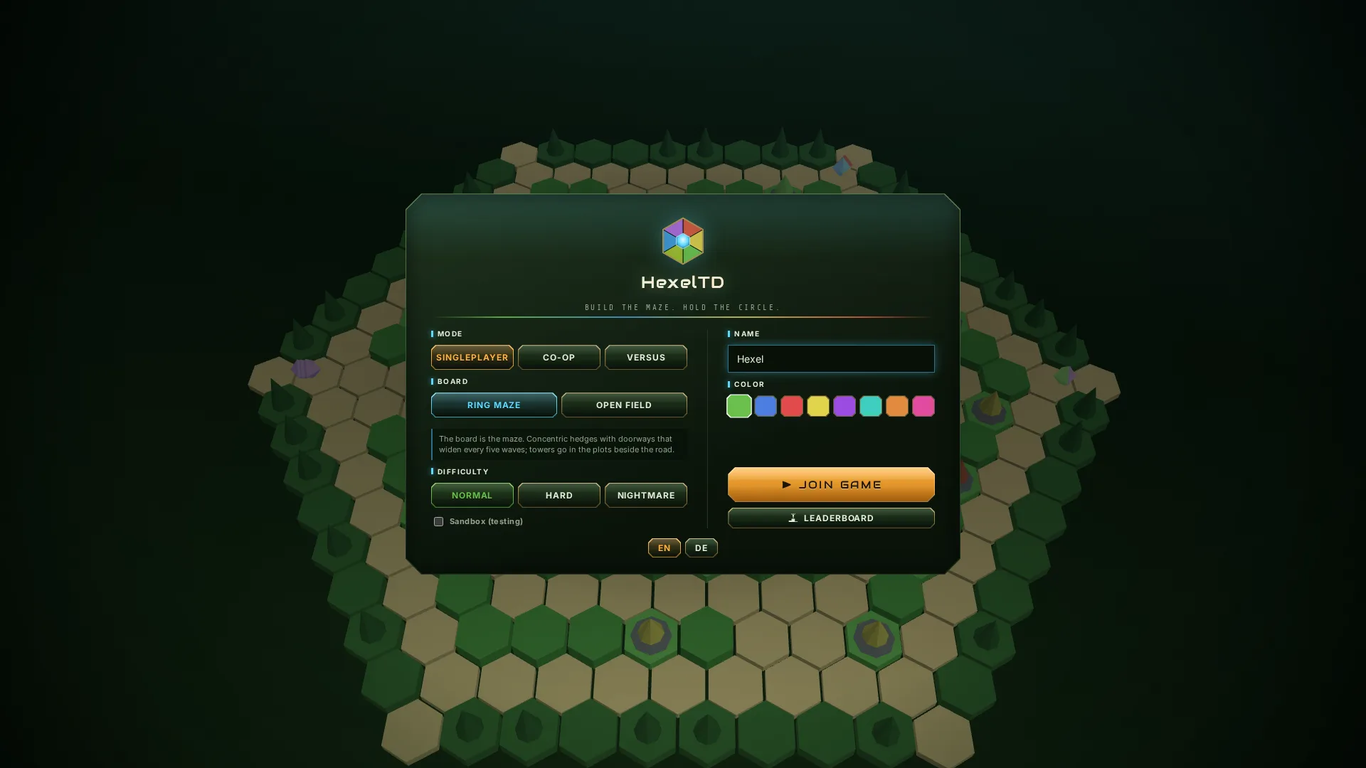 The HexelTD join screen with mode, board, difficulty, name and colour selection