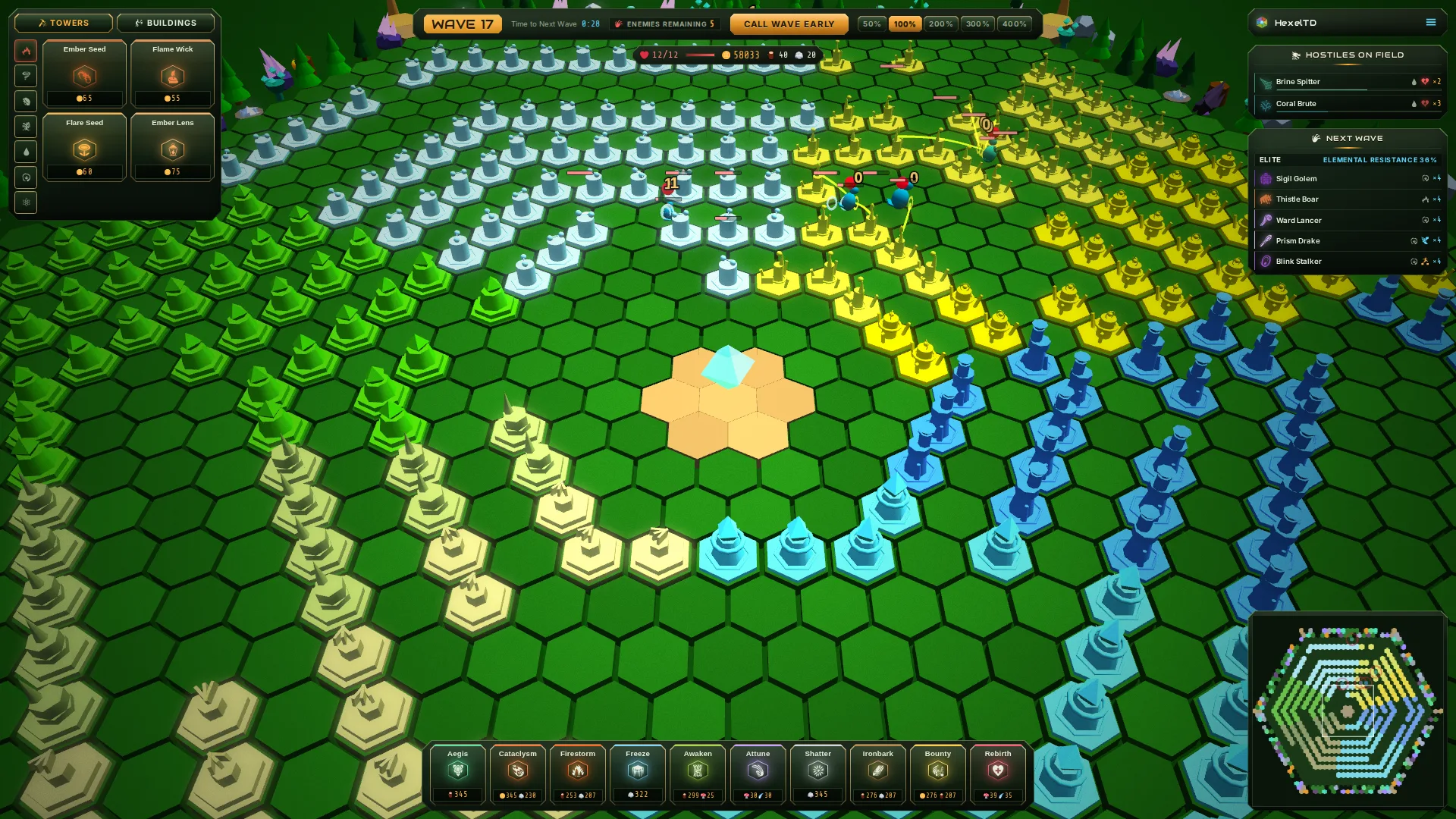 The open field board: no hedges anywhere, with the player's own towers forming a switchback maze from the rim to the crystal