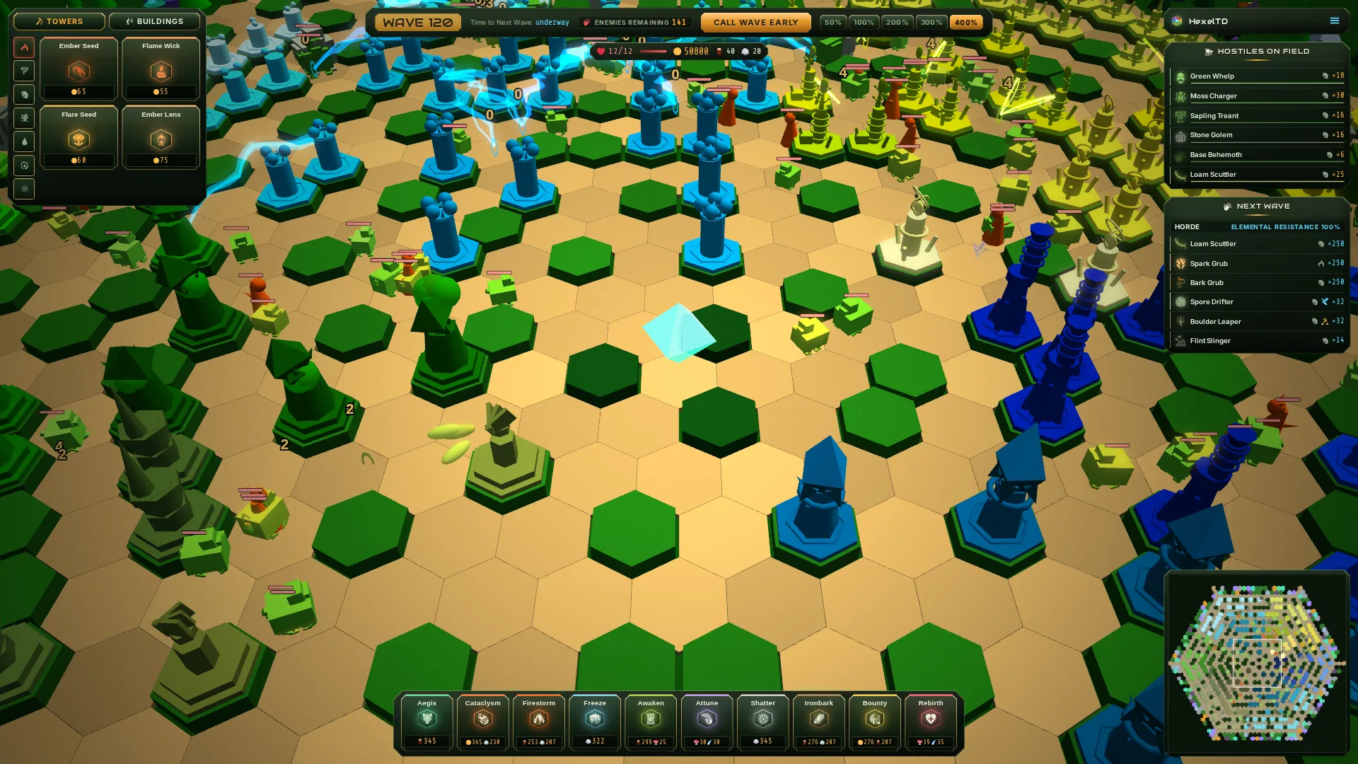 Monsters threading inward through the hex rings toward the crystal while towers fire on them